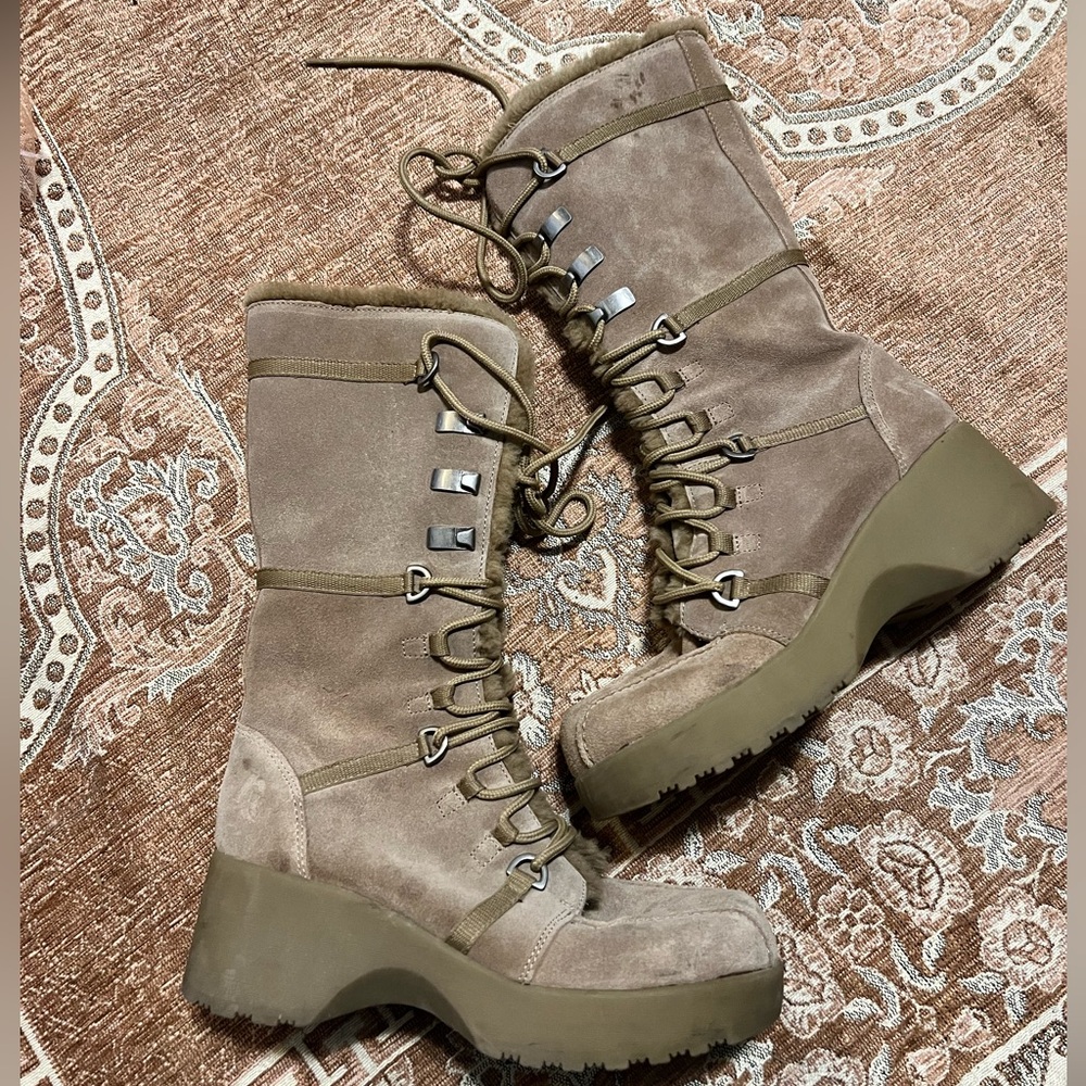 Report Sleigh Tan Suede Faux Fur Lined Tall Lace Up Platform Boots